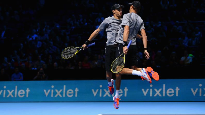 The Bryan brothers, Mike and Bob, celebrate match point during a round-robin doubles match at the ATP World Tour Finals on Wednesday, November 12. The Bryans, the top-ranked doubles team in the world, would go on to win the tournament and add another trophy to their impressive collection.