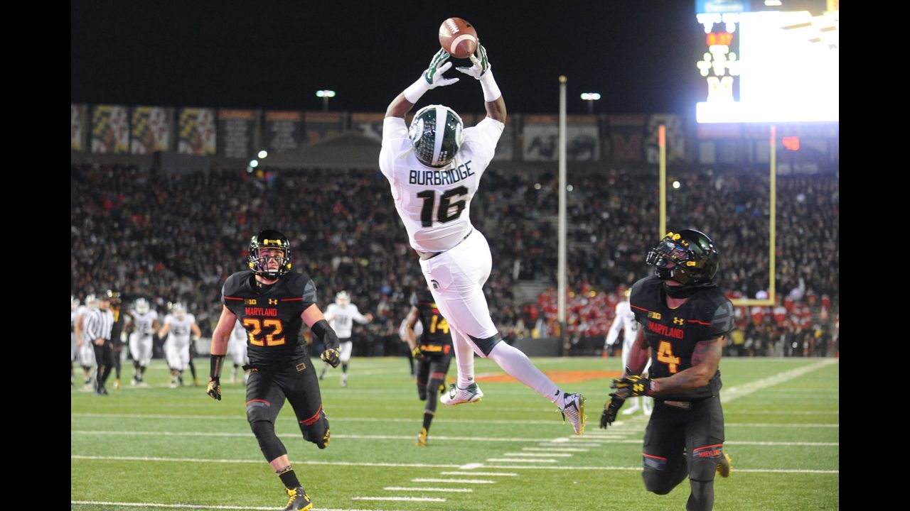Aaron Burbridge of the Michigan State Spartans reaches for a catch while playing at Maryland on Saturday, November 15. Burbridge couldn't pull in the pass, but the Spartans still won 37-15.