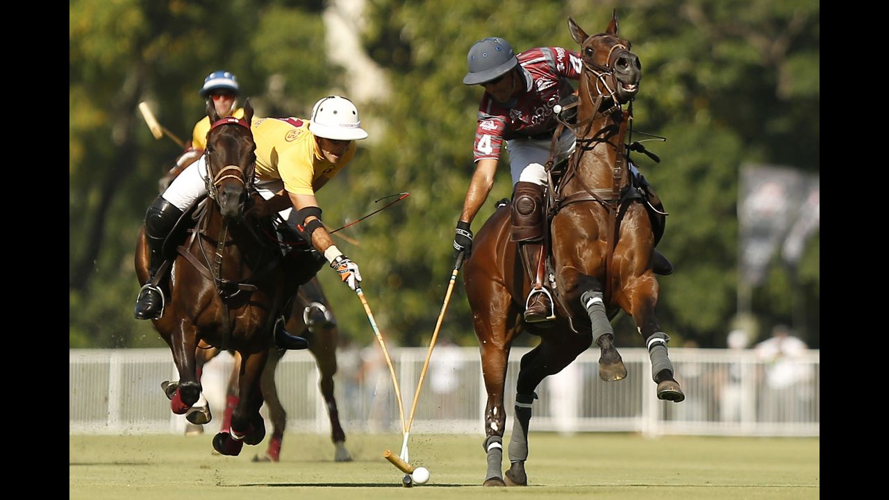 Polo players Facundo Sola, left, and Jaime Garcia Huidobro compete for the ball Saturday, November 15, during a first-round match at the Argentine Polo Open Championship in Buenos Aires.