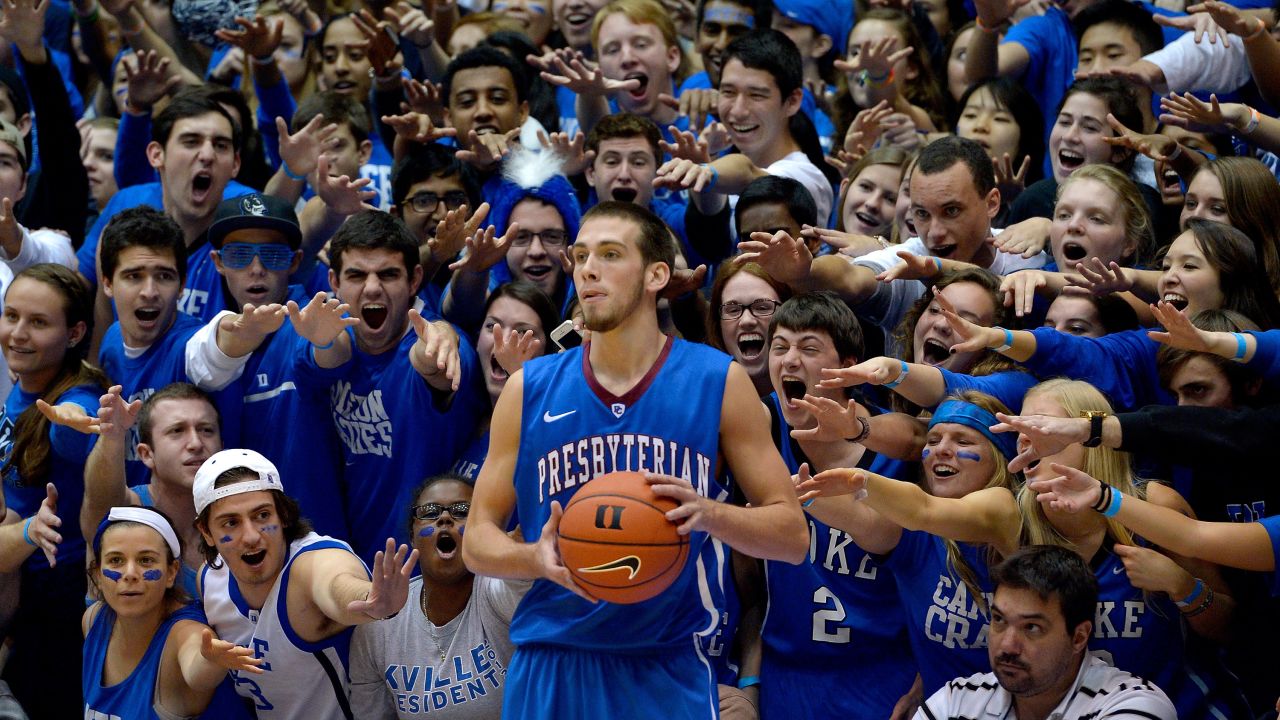 Duke basketball fans -- aka the "Cameron Crazies" -- taunt Presbyterian's Austin Anderson as he inbounds the ball Friday, November 14, in Durham, North Carolina.