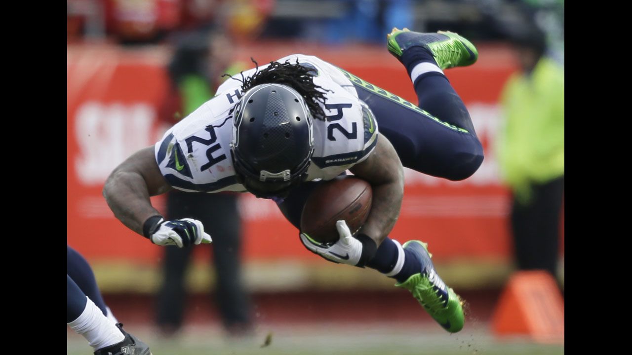 Seattle Seahawks running back Marshawn Lynch stumbles in the first half of an NFL game at Kansas City on Sunday, November 16. 