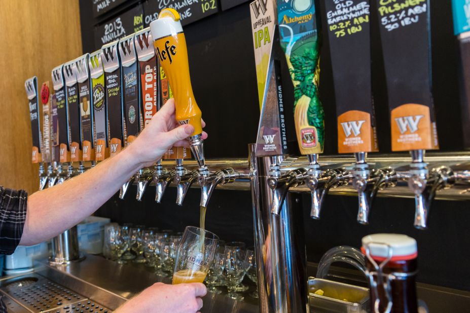 The Widmer pub in Northeast Portland was remodeled in 2014, increasing the number of taps from 15 to 24. Hefeweizen remains a favorite pull.