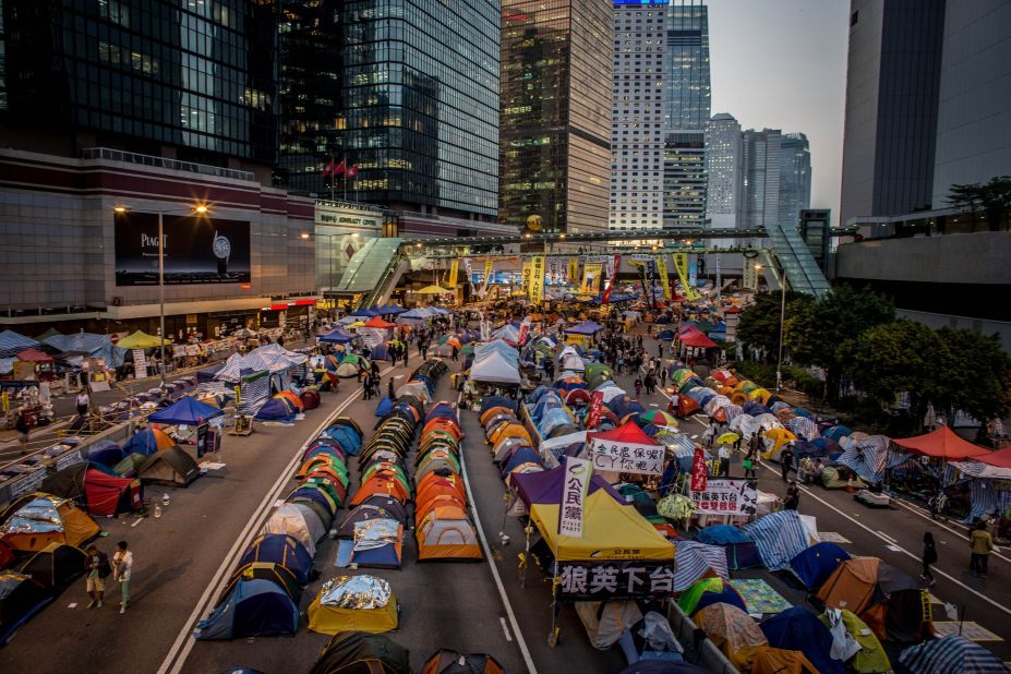 The Admiralty protest site is shown on the road outside the Hong Kong Government complex on Monday, November 17.