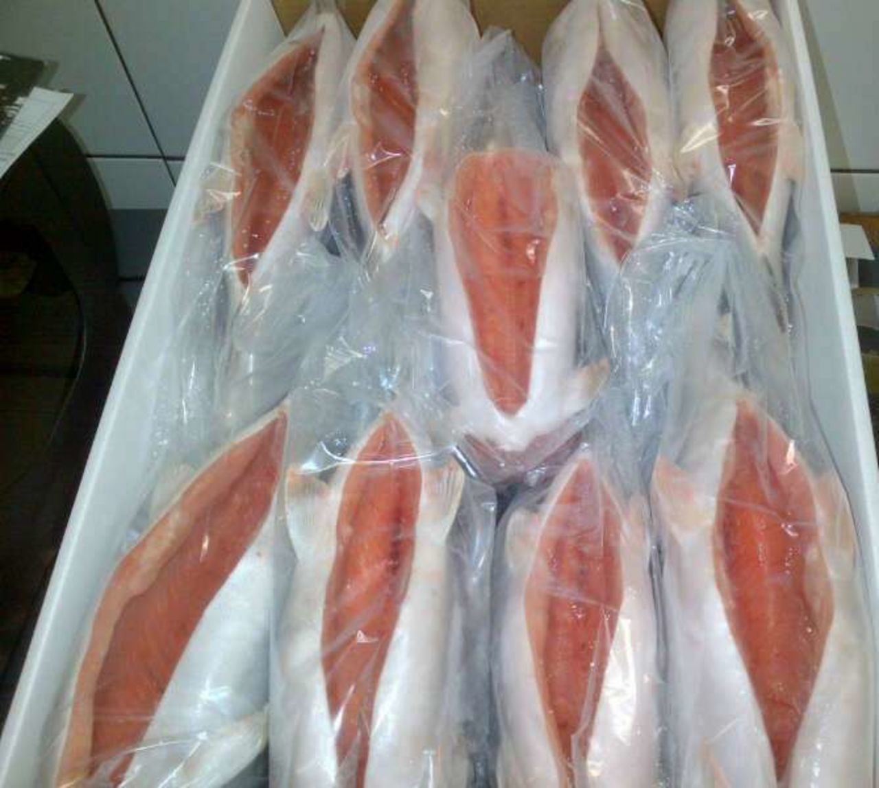 The final product, packed and ready to be sent to the South African port of Durban where the product will be loaded onto refridgerated ships. The trout then make a four week journey across to Asia.