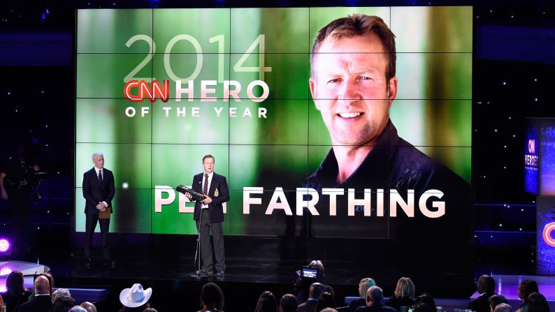 Pen Farthing, whose nonprofit <a href="index.php?page=&url=http%3A%2F%2Fwww.cnn.com%2F2014%2F11%2F18%2Fworld%2Fgallery%2F2014-cnn-hero-of-the-year-pen-farthing%2Findex.html">reunites soldiers with the stray dogs</a> they befriended in Afghanistan, was announced as the CNN Hero of the Year. The Hero of the Year, chosen by CNN's audience in an online vote, receives $100,000 to go with the $25,000 each Hero receives for making the top 10.