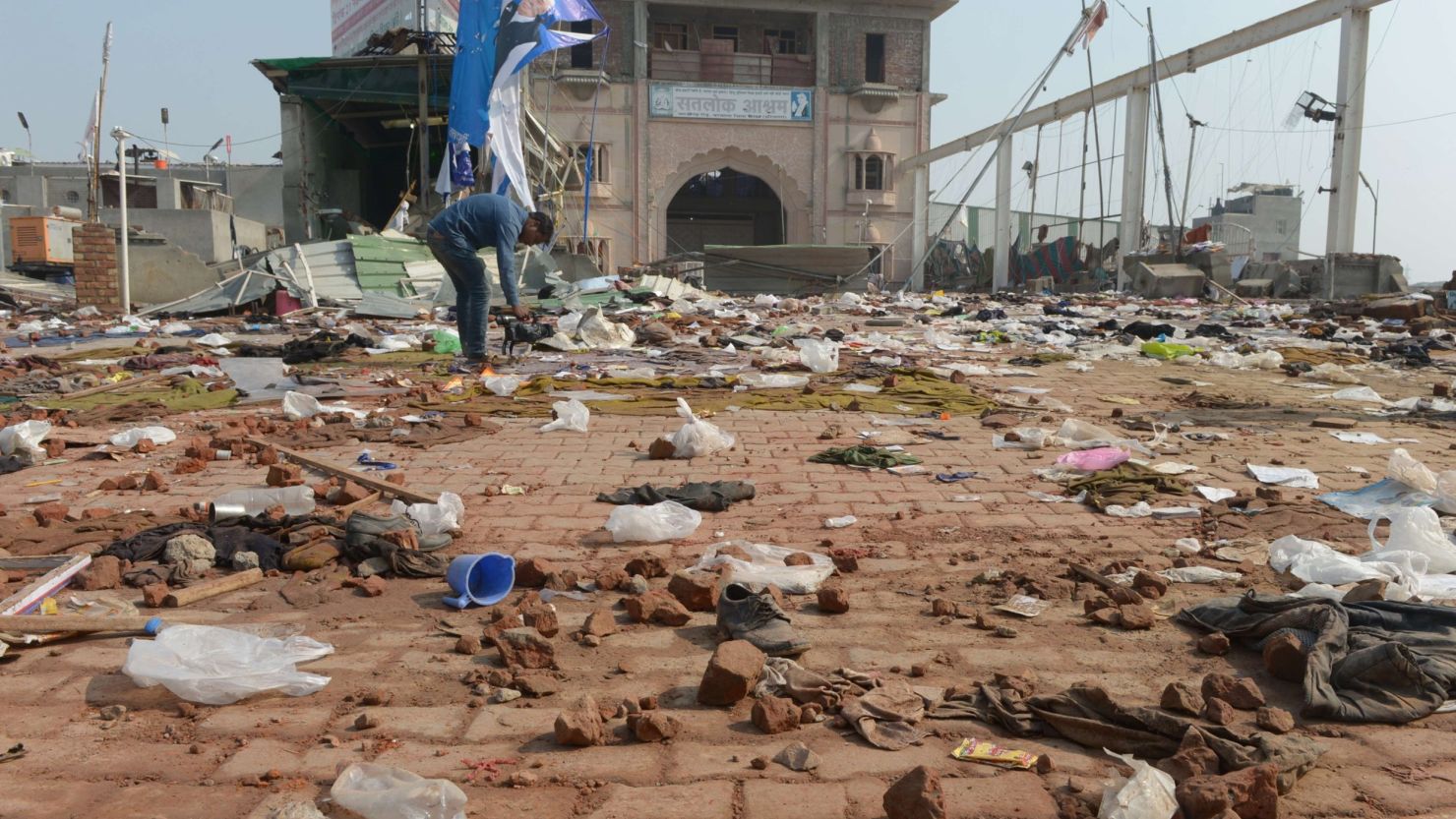 Debris is strewn around Rampal Maharaj's ashram. Police clashed with the guru's supporters as they tried to arrest him. 