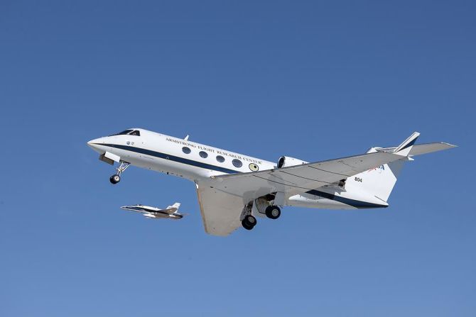 NASA invited social media mavens to tour its Armstrong Flight Research Center in Edwards, California. One project involves this Gulfstream III (right), which is testing new flexible wing technology.