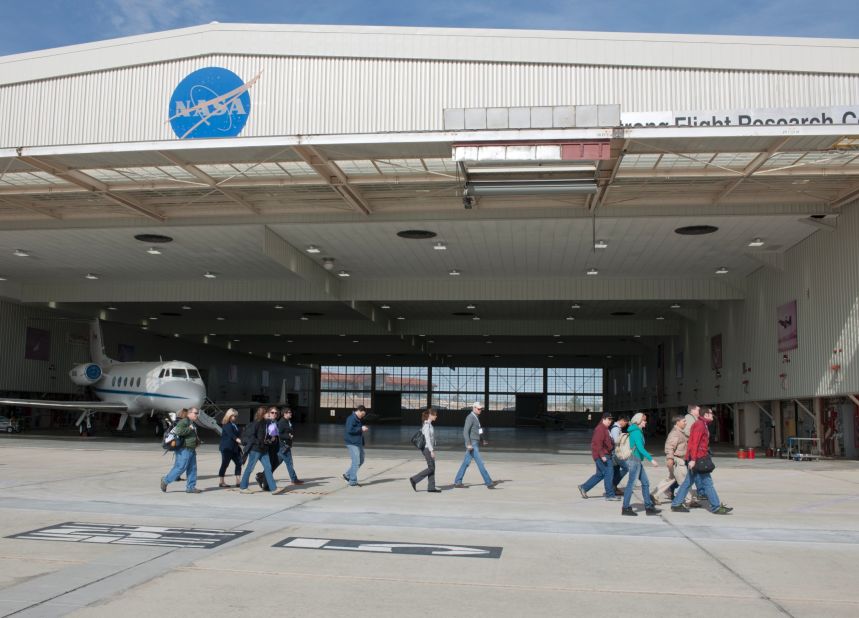 Participants at the NASA event visited a support aircraft hangar housing a Gulfstream aircraft.