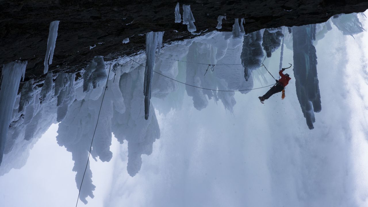 Ice climber Will Gadd ascends Helmcken Falls at Wells Gray Provincial Park in British Columbia, Canada. The 450-foot cascade never fully freezes, but it leaves a blanket of ice on the surrounding walls. It's considered one of the world's most difficult climbs.