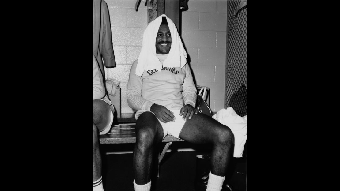 Bill Cosby in the locker room at a 1969 celebrity basketball game.