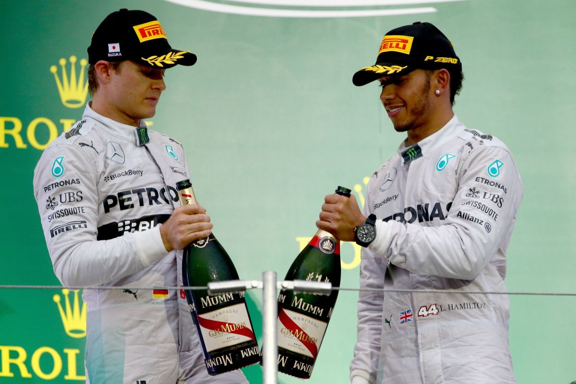 Round 15: Hamilton beats Rosberg again in Japan but the celebrations are muted on the podium following a serious crash involving Marussia driver Jules Bianchi. 