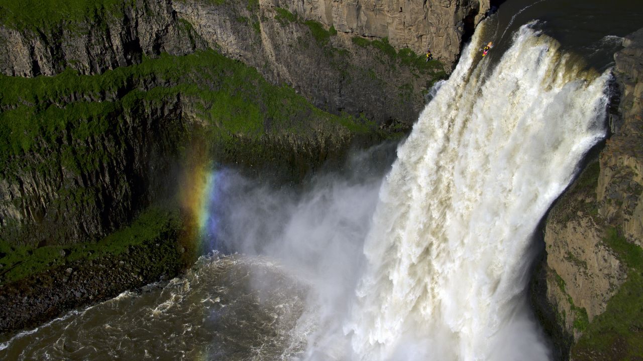 Mexican kayaker Rafa Ortiz drops over the 189-foot Palouse Falls in southeast Washington. He was the second person ever to paddle over the edge. American Tyler Bradt set a world record in 2009 when he successfully kayaked the falls.