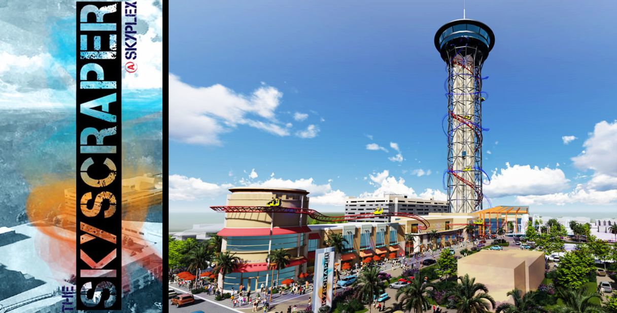 The Skyscraper will anchor the $250 million Skyplex indoor entertainment complex, due to open in 2017. The tower's observation deck will offer views 535 feet up, accessed by glass elevators.