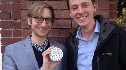 Form Devices co-founders Nils Mattisson and Marcus Ljungblad holding their home security listening device, Point.
