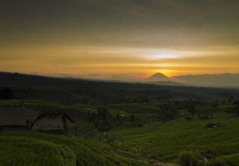 The morning sun warms the <a href="http://whc.unesco.org/en/list/1194" target="_blank" target="_blank">Jatiluwih Rice Terrace</a> in Bali, <a href="http://ireport.cnn.com/docs/DOC-1170784">Indonesia</a>. Mount Agung, the highest point on the island, rests in the background.