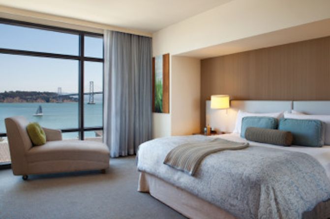 Guests booked into San Francisco Vitale's water-view king room get amazing views of the bay. 