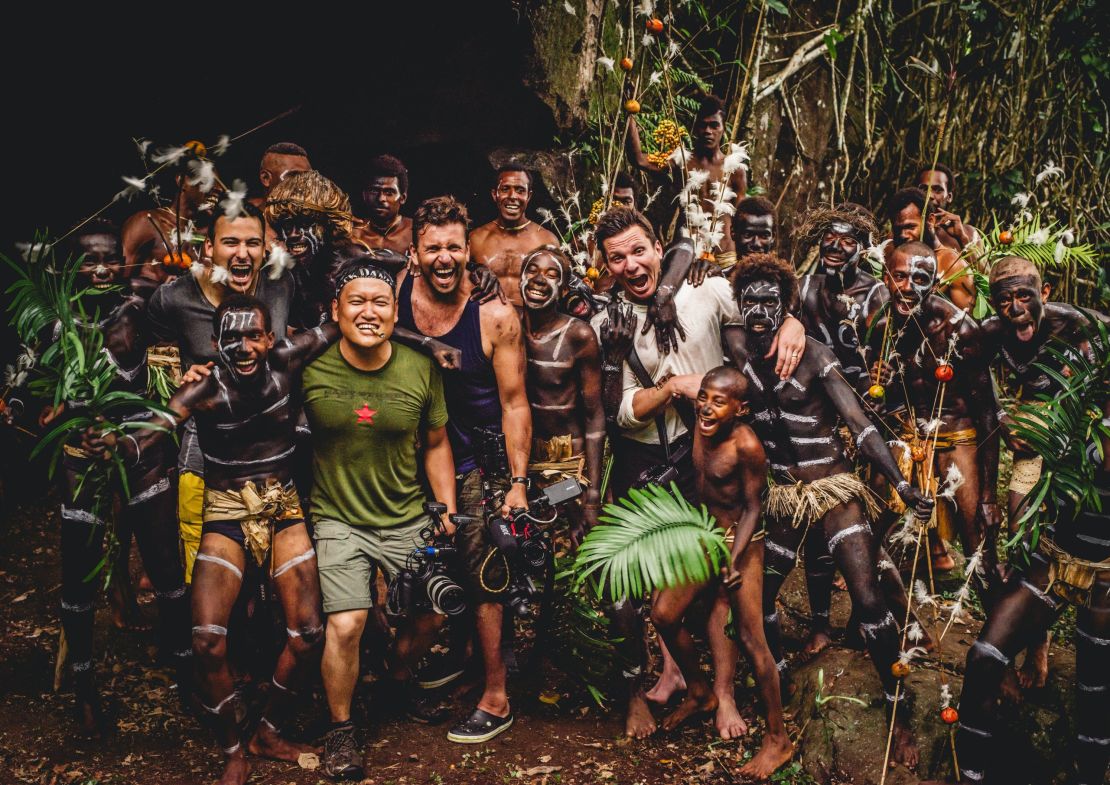 The Wonderlist crew, with the local villagers on the island of Rah, near Mota Lava, Vanuatu -- shortly after a display of their famous "Snake Dance" From left: Julian Quinones, Cassius Kim, Philip Bloom, Bill Weir     
