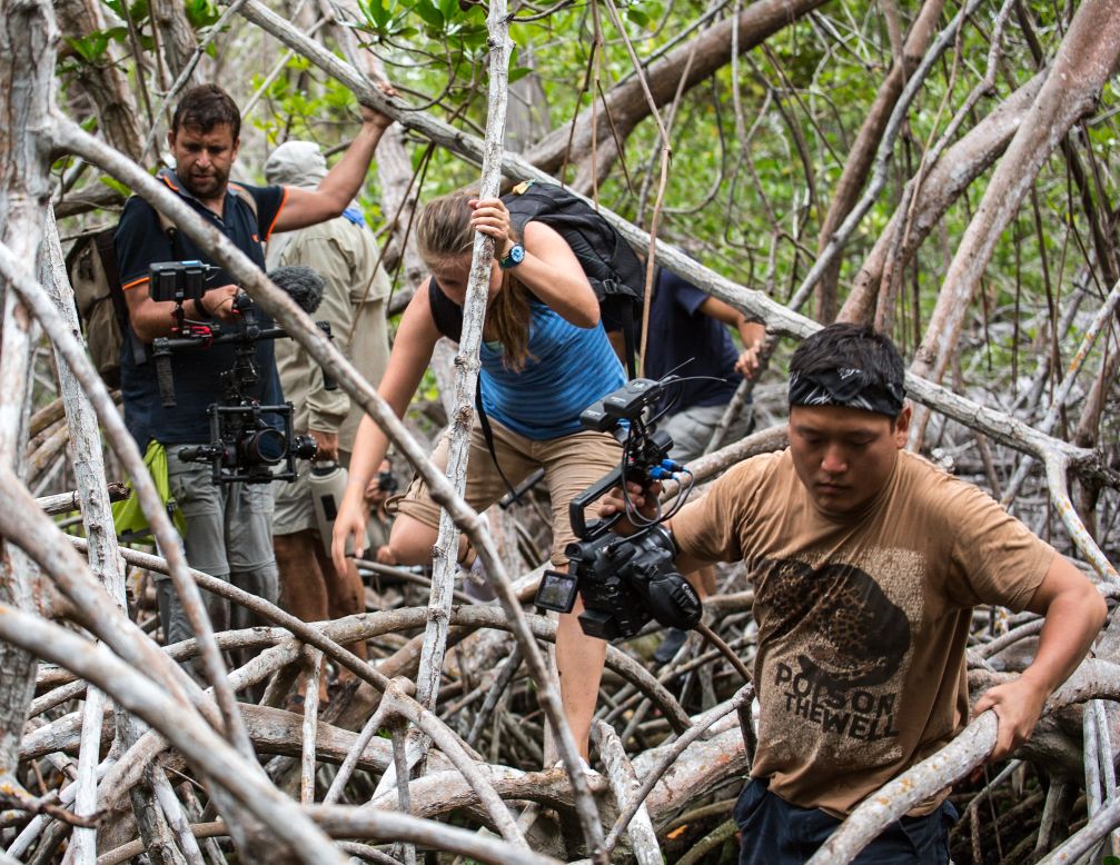"The Wonder List" crew traverses through the wild mangroves trees on the island of Isabela in the Galapagos Islands. From left: Philip Bloom, Francesca Cunninghame and Cassius Kim.   