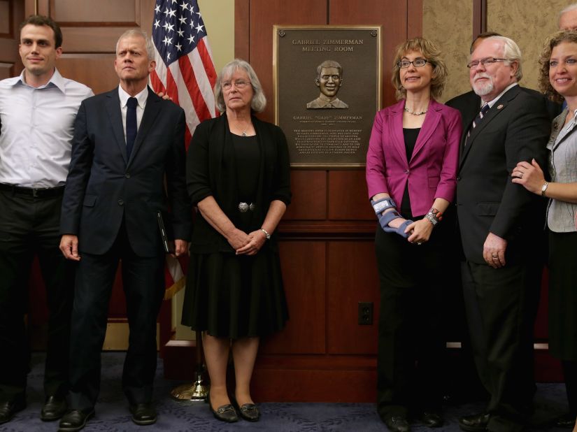 Giffords attends a dedication ceremony in April 2013 at the US Capitol Visitor Center in Washington D.C. A meeting room was named for Gabriel Zimmerman, a member of Giffords' staff who was murdered in the 2011 shooting.