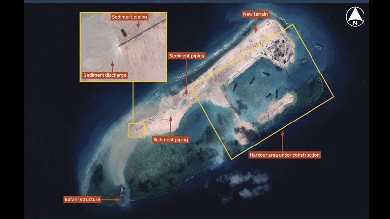 Airbus Defence and Space imagery dated November 14, 2014 shows land reclamation operations under way at Fiery Cross Reef. Multiple operating dredgers provide the ability to generate terrain rapidly. Operating from a harbour area, dredgers deliver sediment via a network of piping. Image courtesy IHS Jane's Defense Weekly.