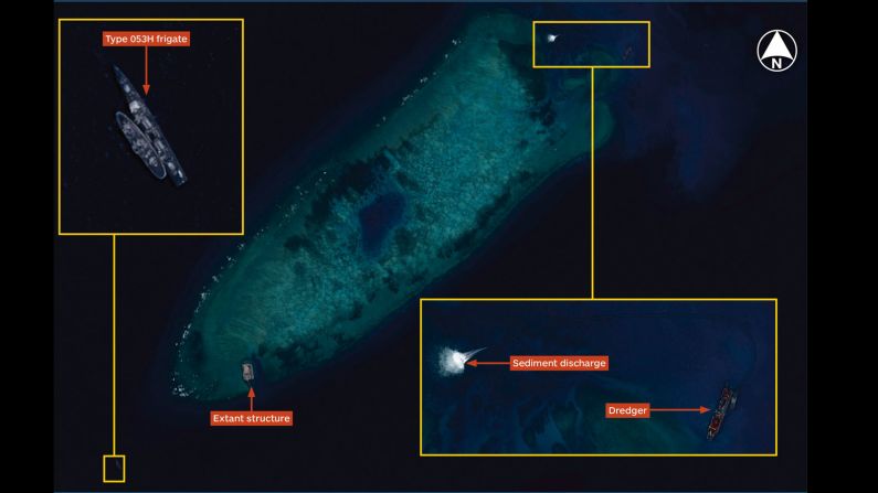 Airbus Defence and Space Imagery dated August 8, 2014 shows the beginning of land reclamations at Fiery Cross Reef in the South China Sea. Image courtesy Jane's Defense Weekly.