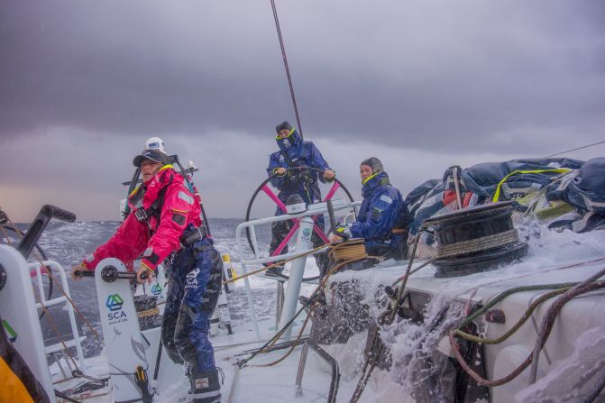 Caffari (at the helm) is the first woman to have sailed single-handedly non-stop around the world in both directions.