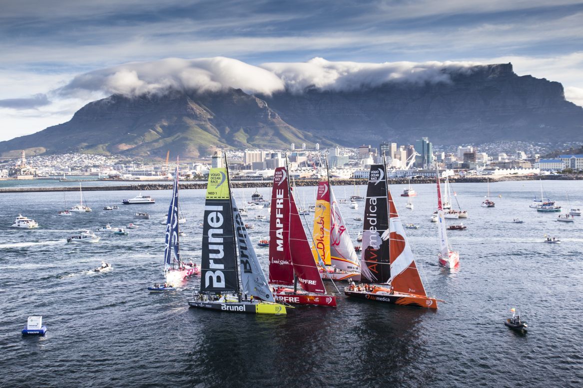 Sailing yachts are seen in Cape Town, South Africa, as the second leg of the Volvo Ocean Race gets under way on Wednesday, November 19. The nine-month sailing competition will visit 11 ports in 11 countries. The second leg ends in Abu Dhabi, United Arab Emirates.