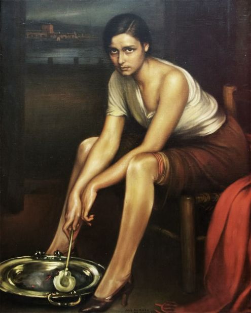 In the original work, the subject is pictured handling coal. 