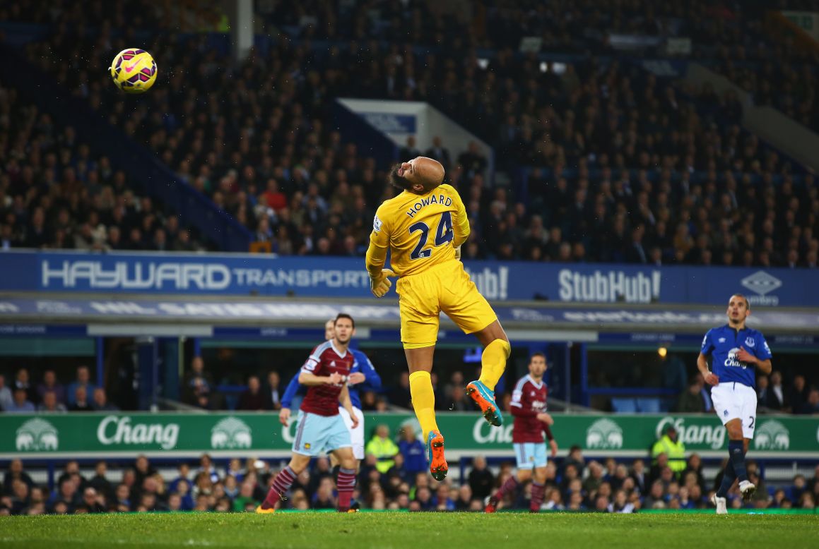 Everton goalkeeper Tim Howard watches a West Ham shot loop over his head for a goal Saturday, November 22, in Liverpool, England. It tied the game at 1-1, but Everton rallied to win 2-1.