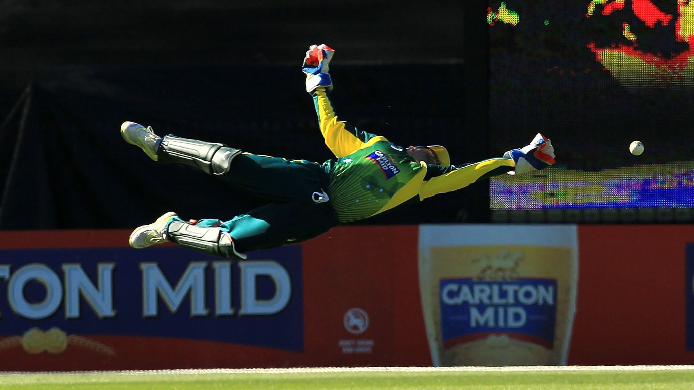 Australian wicketkeeper Matthew Wade dives for a catch Friday, November 21, during the fourth game of the One Day International series between Australia and South Africa. Australia won the match by four wickets and took four of the five ODIs played.