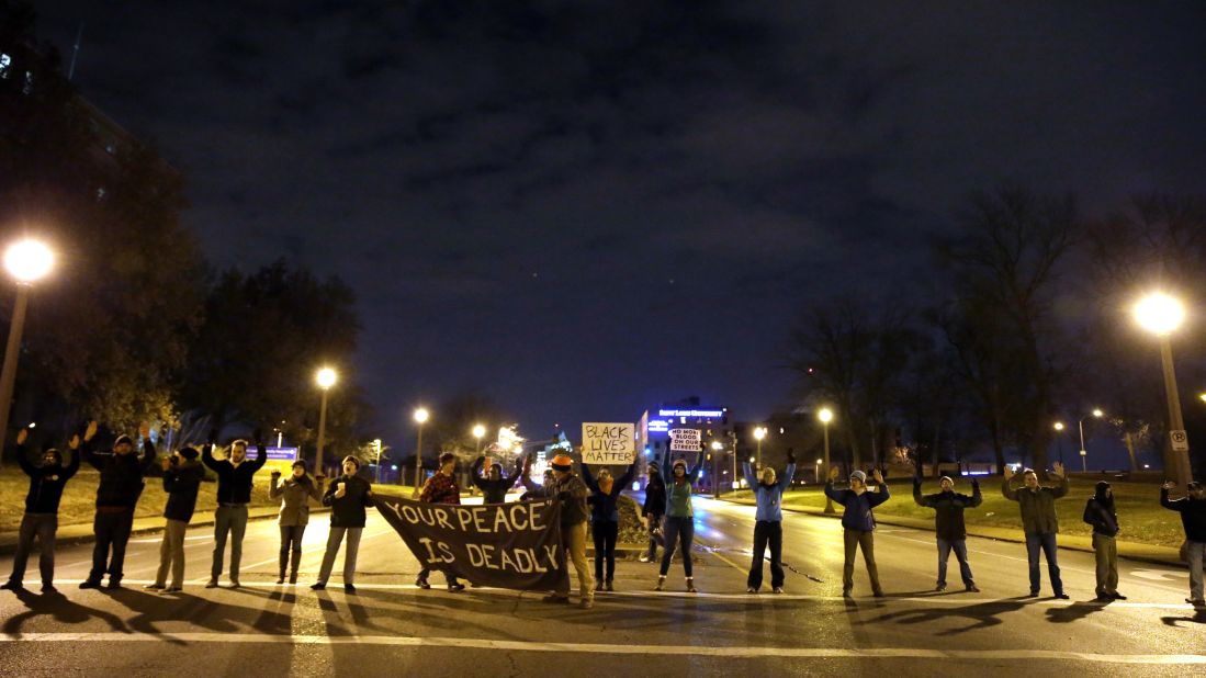 Protesters block streets in St. Louis after the announcement of the grand jury's decision on November 24. Ferguson is a suburb of St. Louis.