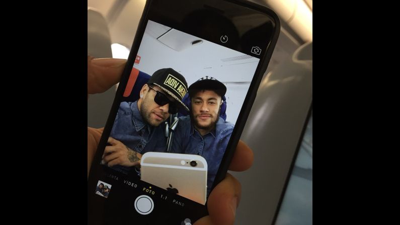 Soccer star Neymar, right, <a href="http://instagram.com/p/vxnNOJxtmy/?modal=true" target="_blank" target="_blank">posted this selfie</a> of him and Barcelona teammate Dani Alves on Monday, November 24.