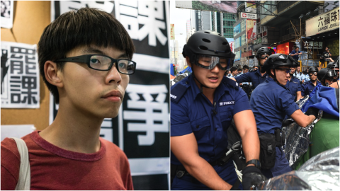 Joshua Wong, leader of student group Scholarism alongside an image of police action in Mong Kok, Wednesday, November 26.