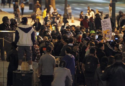 Protesters gather outside Los Angeles Police Department headquarters November 25.