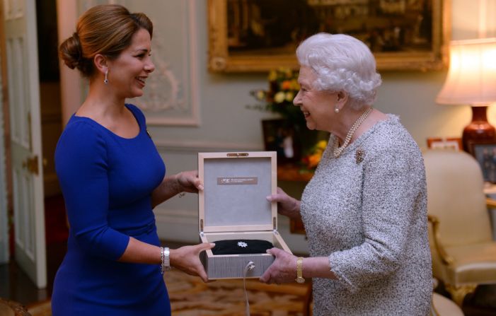 Princess Haya (left), president of the International Equestrian Federation, presented the Queen with the federation's inaugural lifetime achievement award in November 2014.