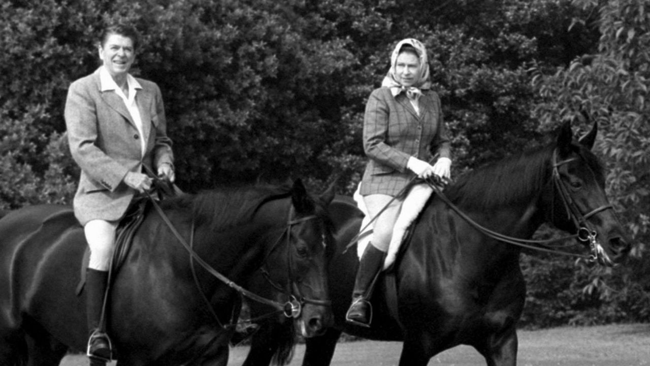 US President Ronald Reagan goes riding in Windsor Home Park while staying as a guest of the Queen in 1982.