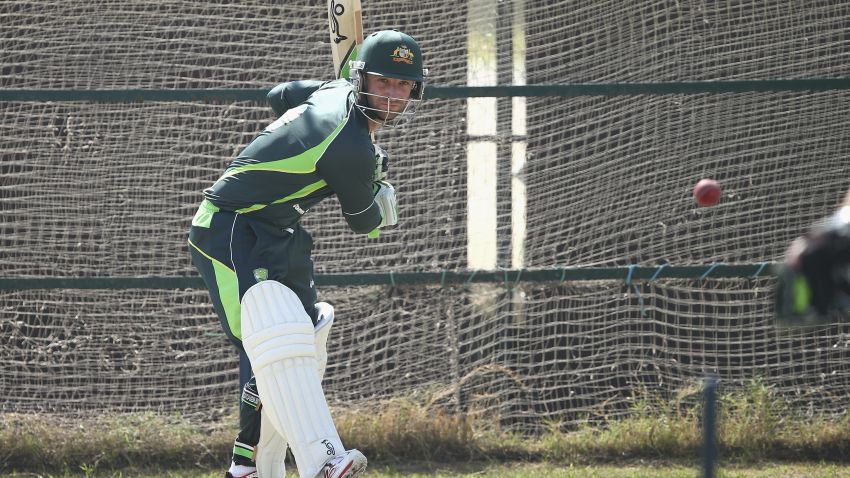 ABU DHABI, UNITED ARAB EMIRATES - OCTOBER 28: Phil Hughes of Australia bats during an Australian Nets Session at Sheikh Zayed Cricket Stadium on October 28, 2014 in Abu Dhabi, United Arab Emirates. (Photo by Ryan Pierse/Getty Images)
