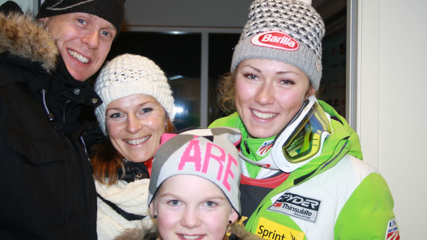 Mikaela Shiffrin and the Lundell family pose together in 2012, just after Shiffrin had won her first World Cup gold medal. Left-right: Mikael Lundell, Annika Lundell, Emma Lundell, Mikaela Shiffrin.
