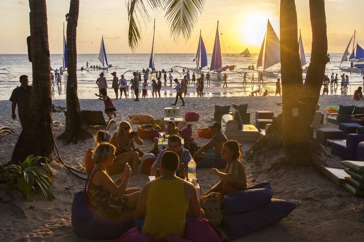 The most famous beach on the island, White Beach has the most facilities, the best sunset view and a vibrant nightlife scene. Pictured is the Mediterranean-style Aplaya Beach bar.