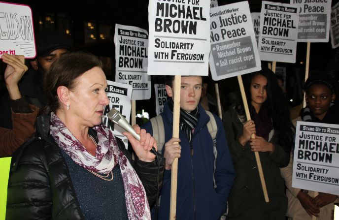 Carole Duggan, whose nephew Mark was shot dead by British police in 2011, sparking days of riots in London, told the crowd the people of Ferguson had been "pushed to the edge" and felt they had no other choice but to take to the streets.