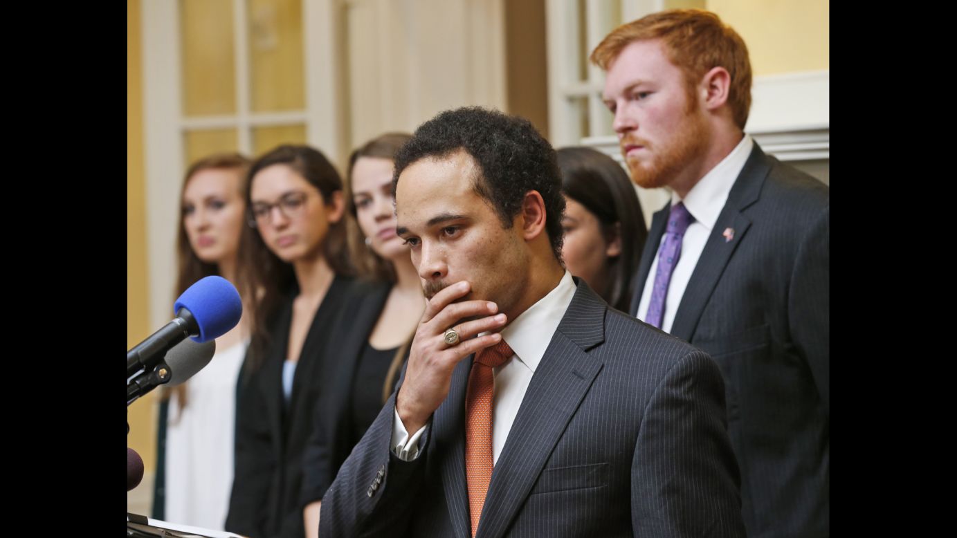 Jalen Ross, president of the University of Virginia Student Council, ponders a question during a news conference Monday, November 24, in Charlottesville, Virginia. He said a scathing Rolling Stone story, <a href="http://www.cnn.com/2014/11/26/us/uva-response-rape-allegations/index.html">which details allegations of a gang rape at a fraternity party,</a> is a "wake-up call" for the university.