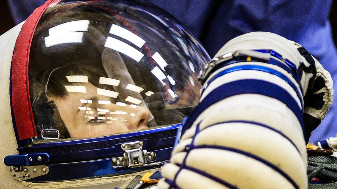 Italian astronaut Samantha Cristoforetti tests a spacesuit Sunday, September 23, at the Baikonur Cosmodrome in Kazakhstan. Cristoforetti and two others recently arrived at the International Space Station.