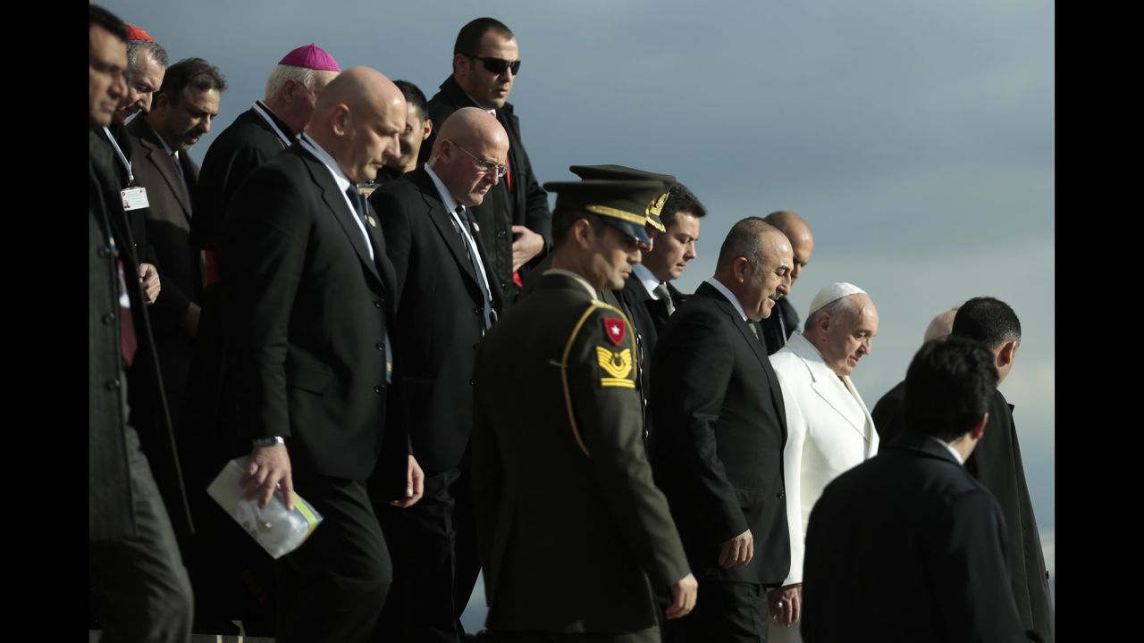 Pope Francis leaves the Ataturk Mausoleum after laying a wreath at the grave site of Mustafa Kemal Ataturk, founder of the Turkish republic, in Ankara, Turkey, on Friday, November 28.
