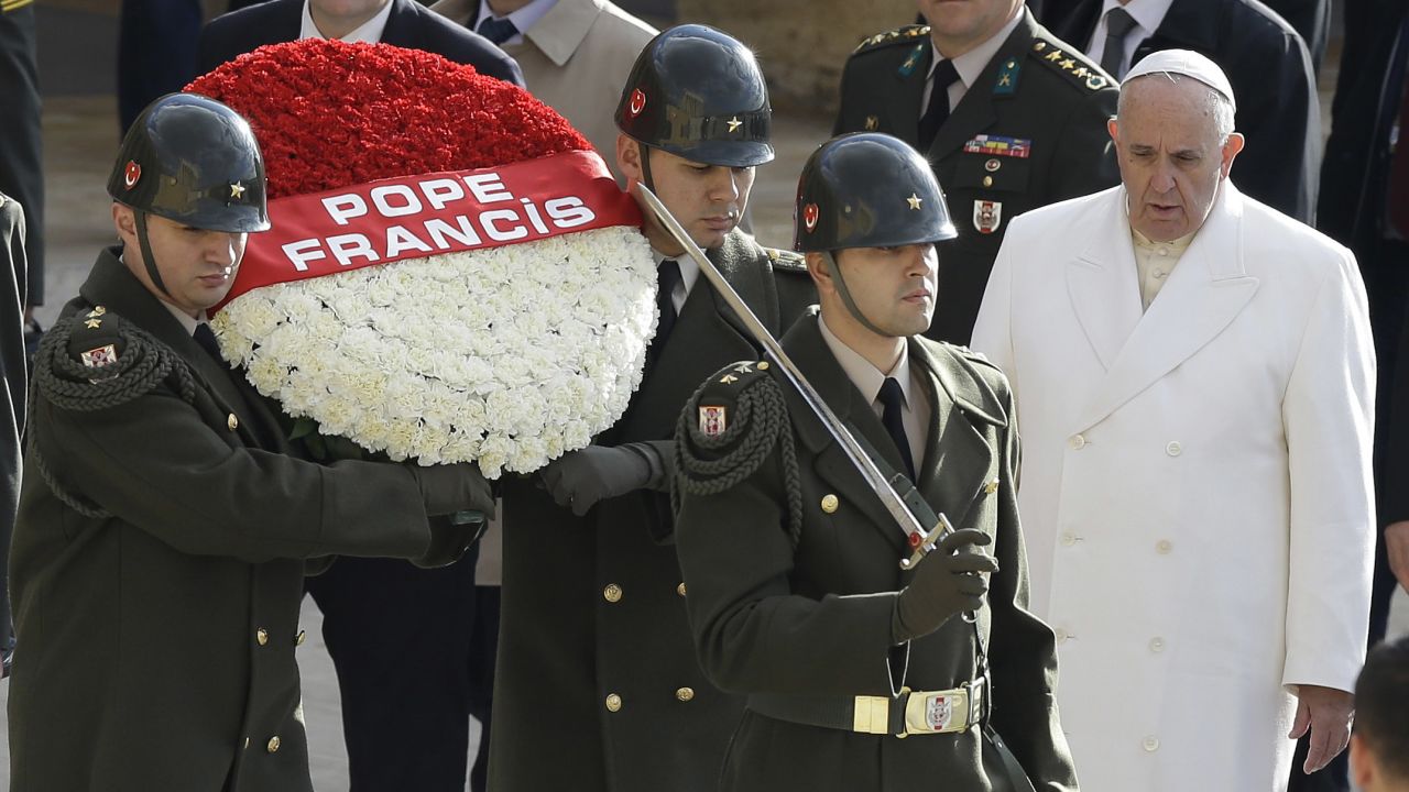 Pope Francis follows Turkish soldiers carrying a wreath at the Ataturk Mausoleum on November 28.