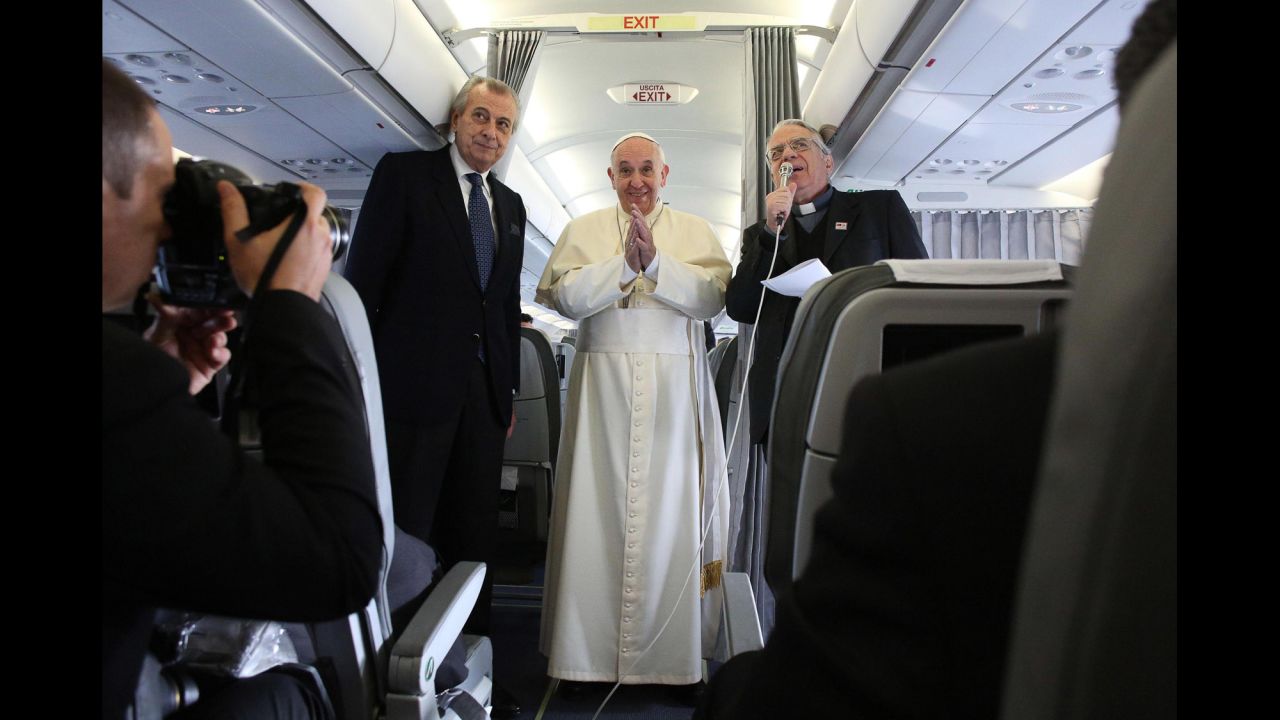 The Pope holds a press conference aboard his flight to Ankara on November 28.