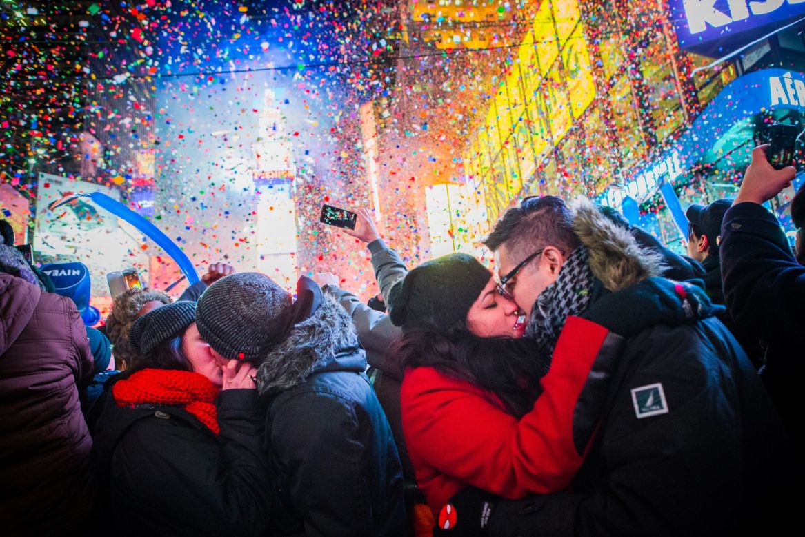 <strong>January 1:</strong> Couples kiss in New York's Times Square to ring in the new year.