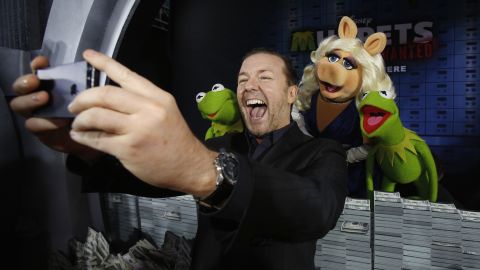 Actor Ricky Gervais takes a selfie with some of his "Muppets Most Wanted" co-stars at the movie's premiere Tuesday, March 11, in Hollywood.