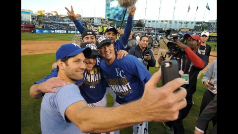 Actor Paul Rudd, left, snaps a selfie with members of the Kansas City Royals after the baseball team won the American League Championship Series on Wednesday, October 15. The Royals swept the Baltimore Orioles in four games to advance to the World Series.