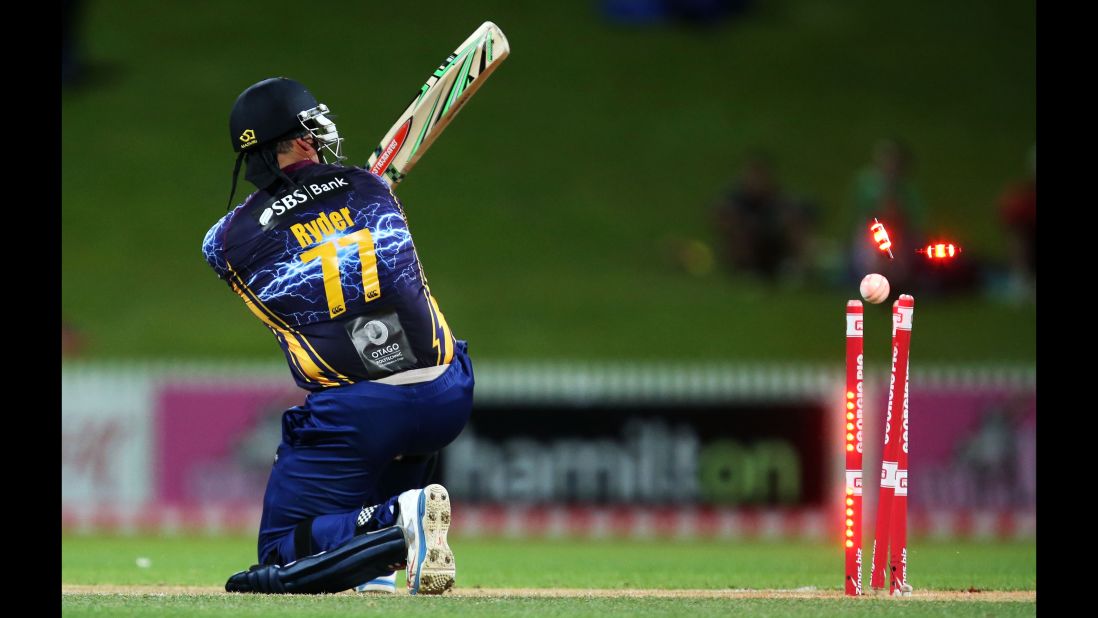 Jesse Ryder of the Otago Volts is bowled out by the Auckland Aces during a Twenty20 cricket match Saturday, November 1, in Hamilton, New Zealand.