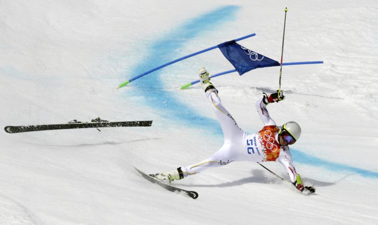Joan Verdu Sanchez of Andorra crashes in the first run of the men's giant slalom during the Winter Olympics in Sochi, Russia, on February 19. <a href="index.php?page=&url=http%3A%2F%2Fwww.cnn.com%2F2014%2F02%2F08%2Fworldsport%2Fgallery%2Ffalling-down-in-sochi%2Findex.html">See more photos of athletes falling down in Sochi</a>